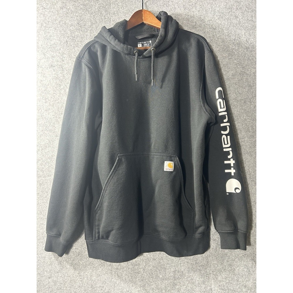 Carhartt Hoodie Mens Size L Black Loose Fit Fleece Pullover Graphic Sleeve Logo
